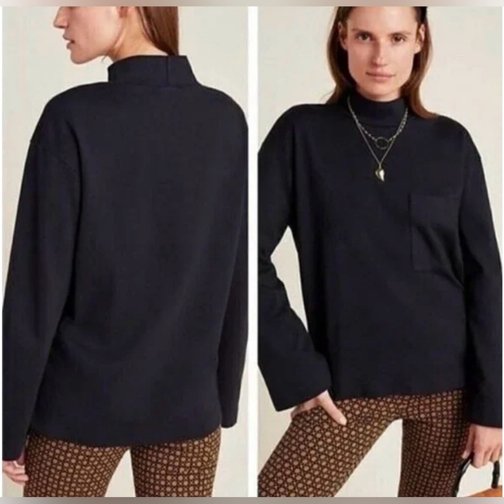Stateside Mock Neck Top Women’s S Black Pocket Shirt Supima Cotton USA L. Sleeve